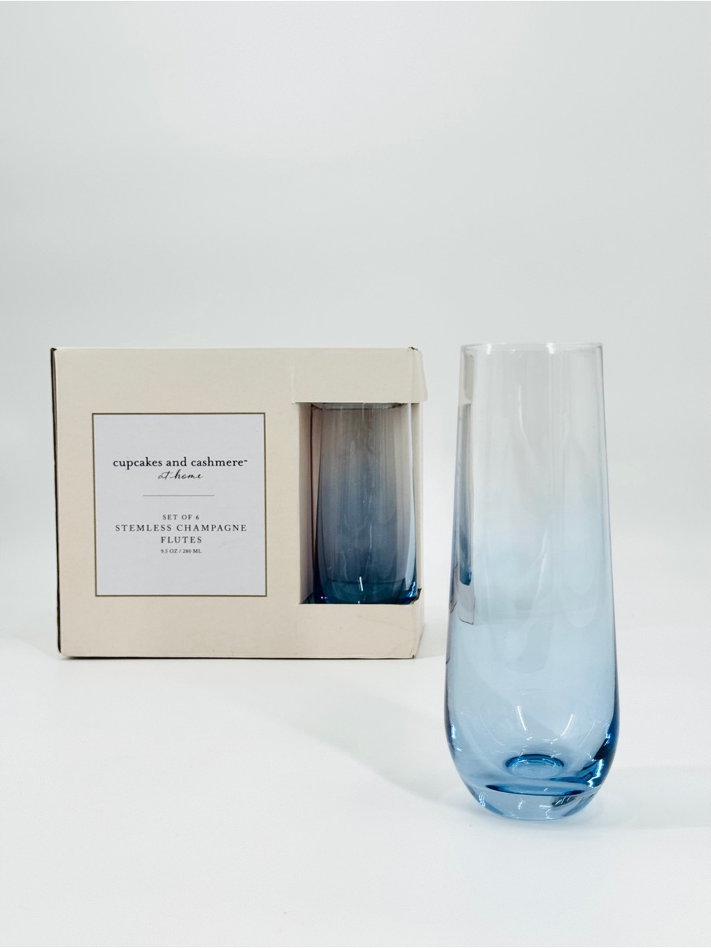 NIB Cupcakes & Cashmere Set-of-6 Ombré Blue Stemless Champagne Flutes